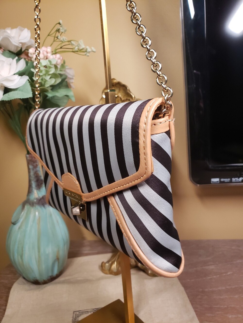 henri bendel Signature West 57 Striped Chain Crossbody w/ Tan Leather Trim NWT! - Picture 4 of 10